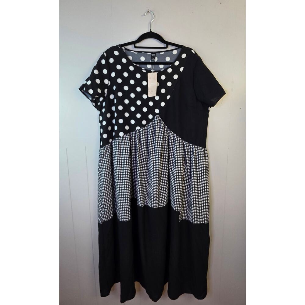 New Emery Rose Maxi Dress 1XL Plus Black White Polka Dot Gingham Patchwork Artsy - Picture 4 of 11